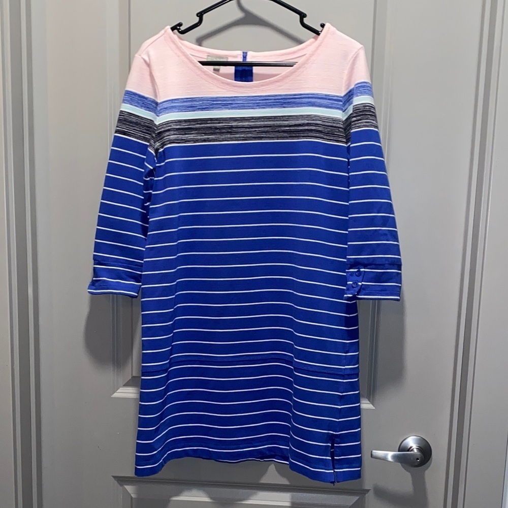 Talbots Knit Dress Pink Blue Stripe 3 4 Sleeve Casual Work Travel Dress L